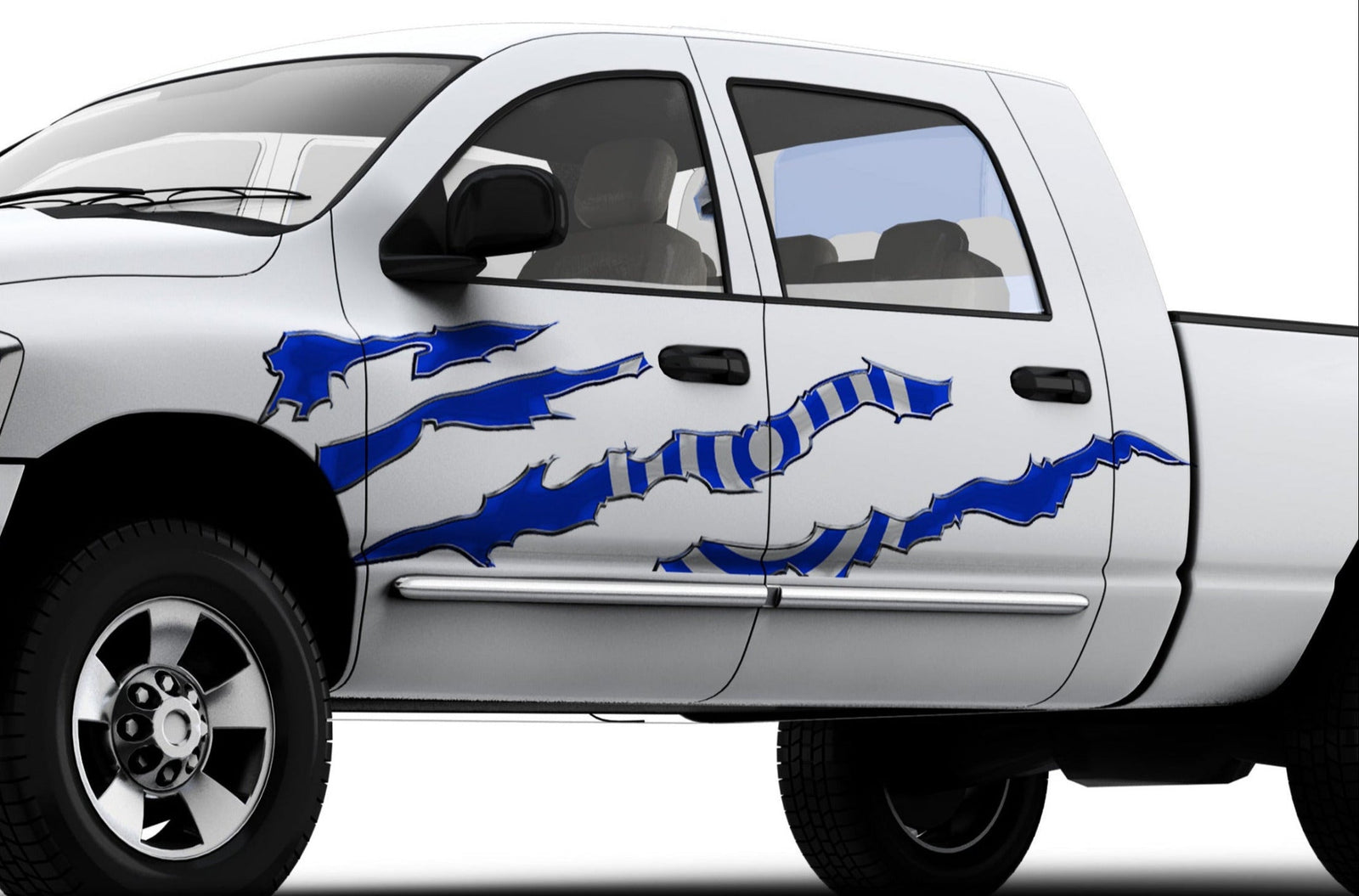 white truck with bullseye decal stripes on driver cab side