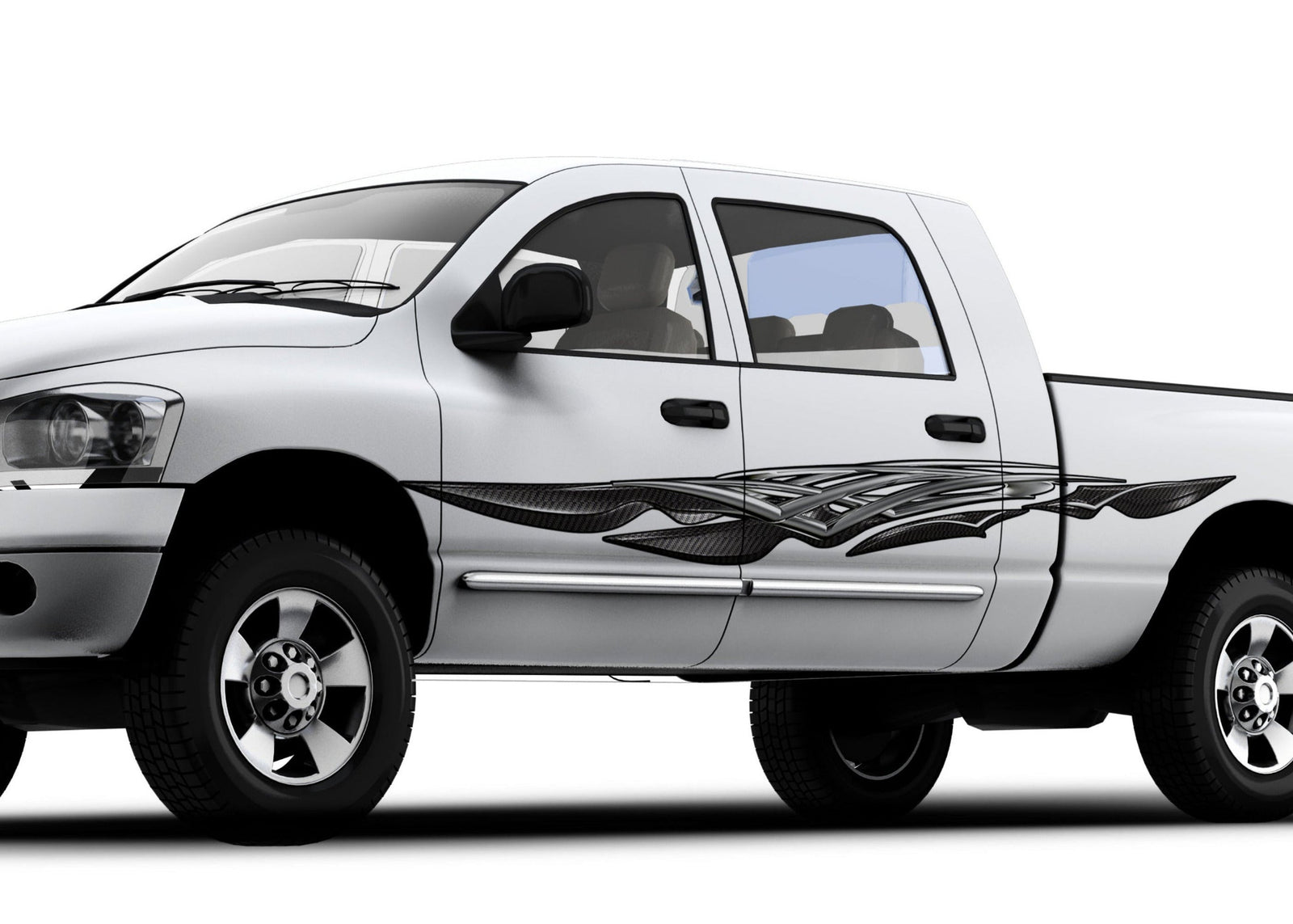 carbon fiber spear vinyl graphics on the side of white truck