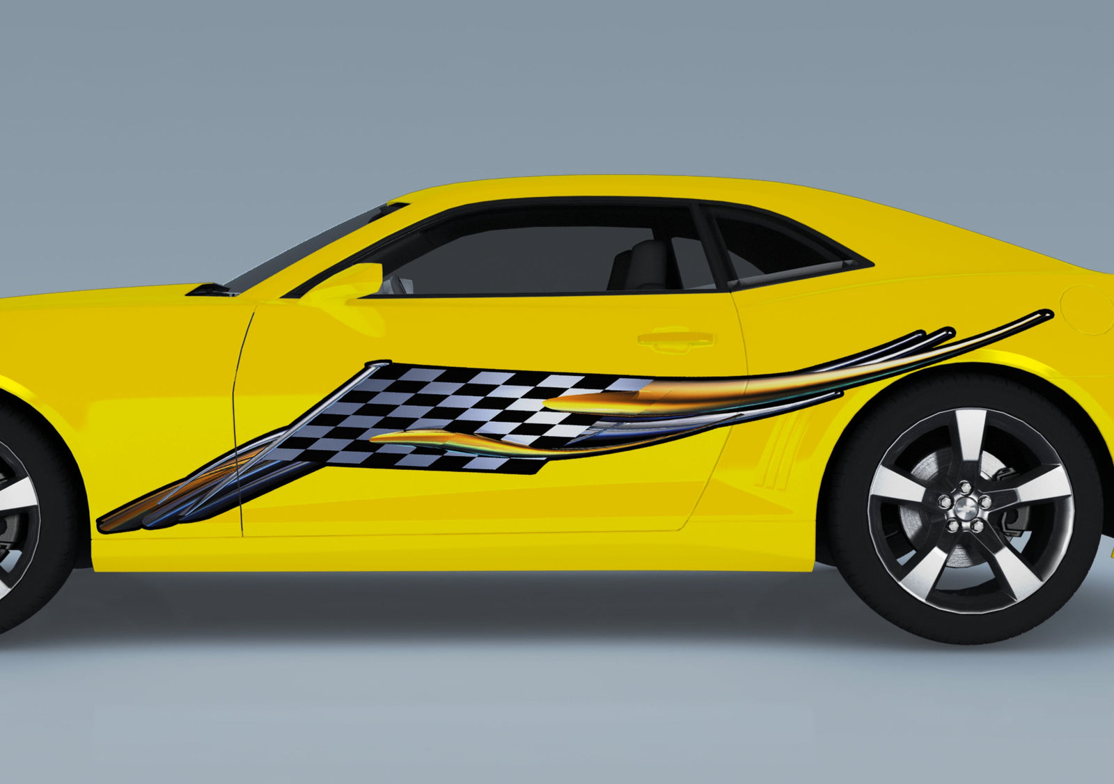 yellow camaro with checkers racing wing vinyl decal on driver side