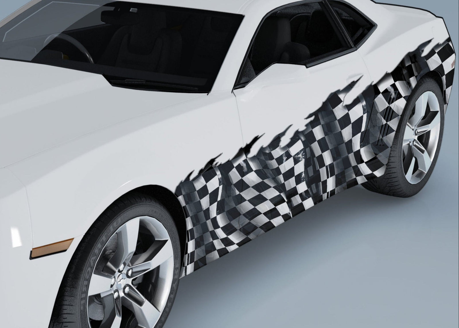 checkers wrap on the driver side of white mustang sports car