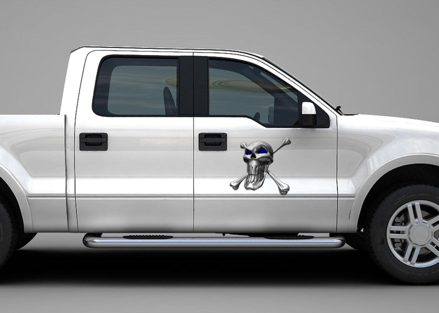 chrome skulls and bones decal on truck door