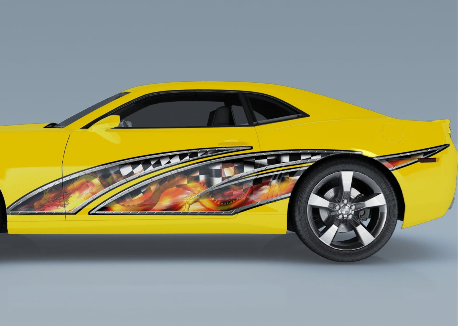 fire dragon wave vinyl graphics on the side of yellow mustang car