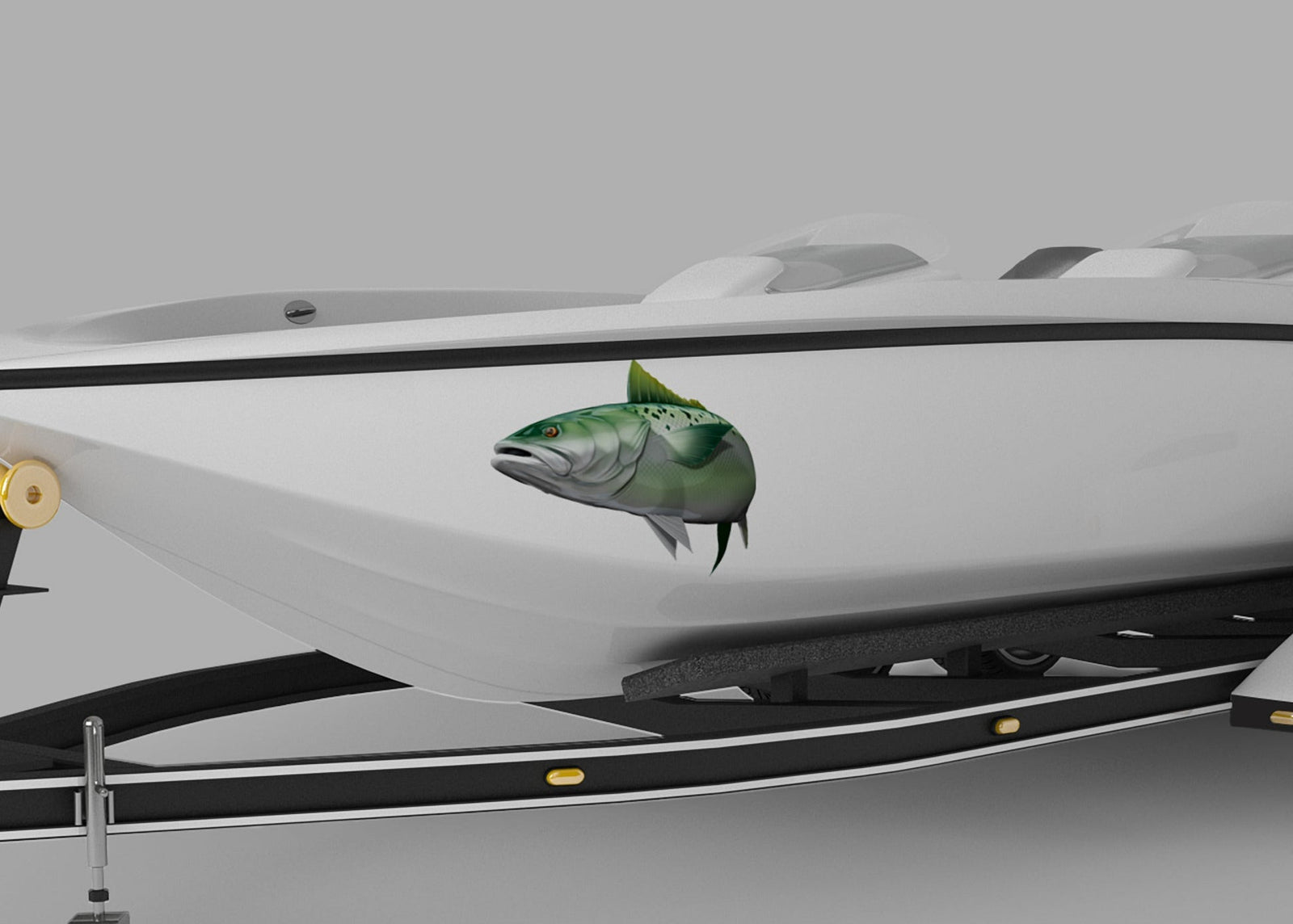 kahawai fish decal on the side of white bass boat