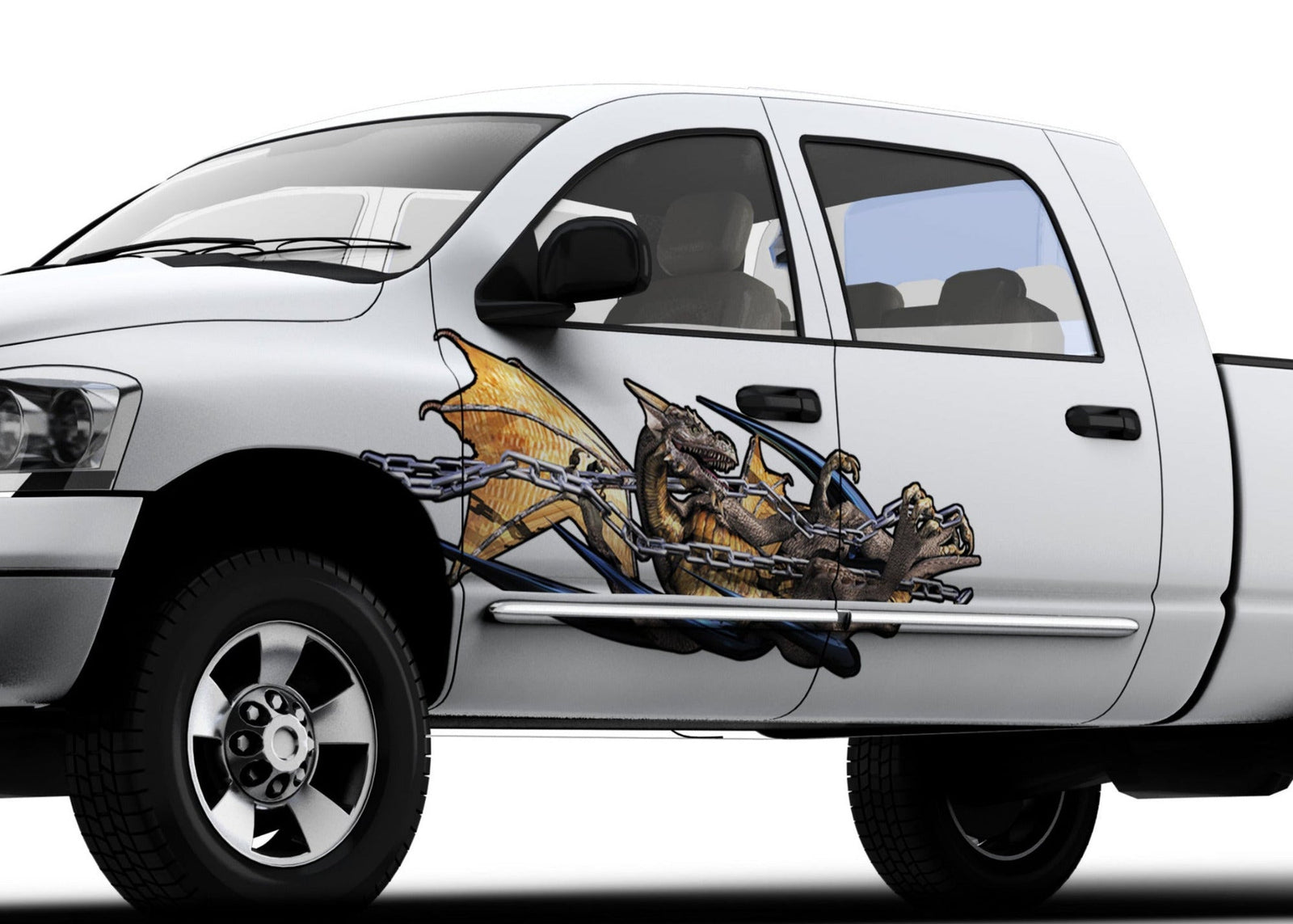 white truck with chained dragon vinyl graphic on driver side