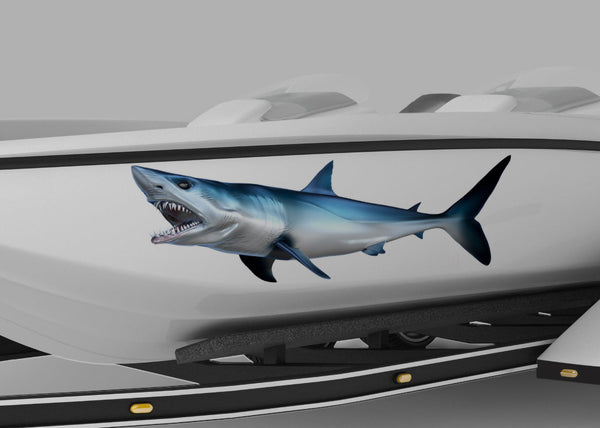 2-Pack Large Shark Boat Decals – Great White Fish Graphics – Black Vinyl – 16” X 12” – Mirror Image Set