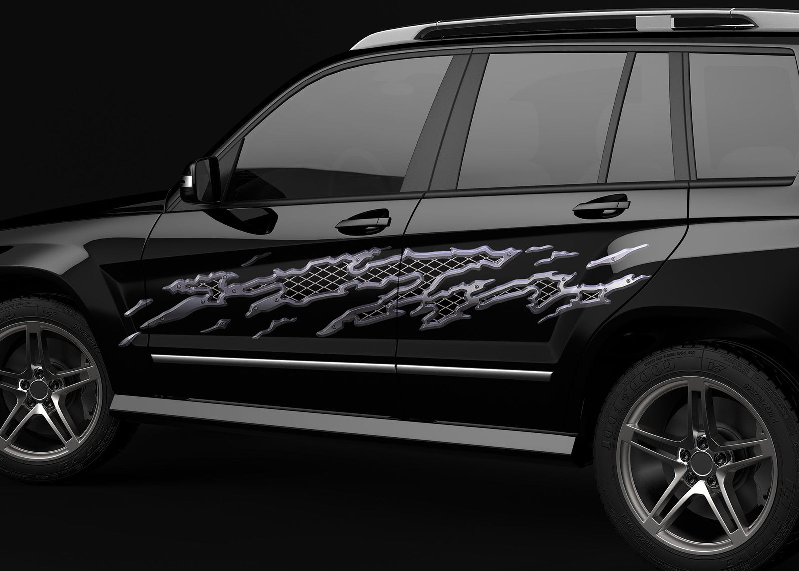 metal mud splash vinyl graphics on the driver side of black suv