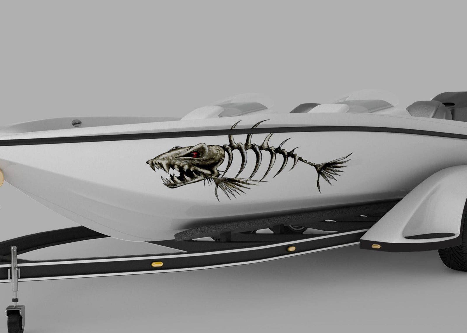 Monster fish bone decals on the side of white boat