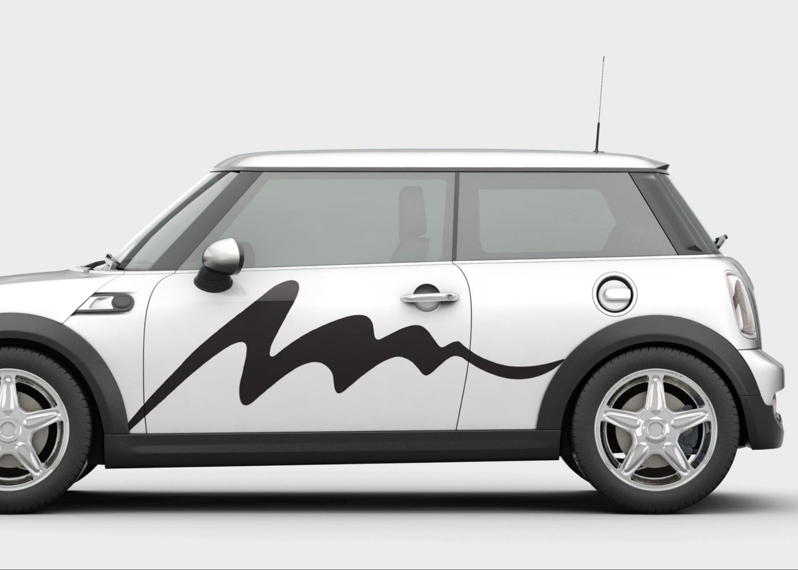 Tsunami Stripe vinyl stripe on driver side of white mini cooper
