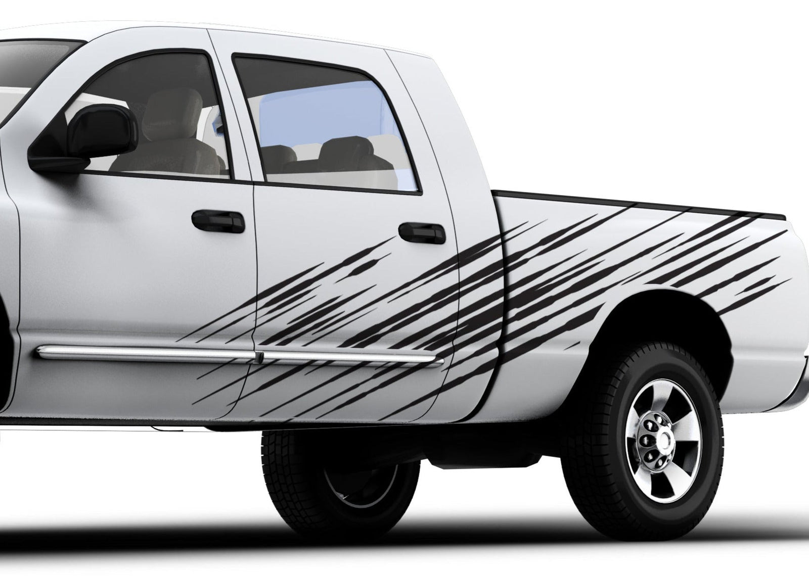 scratch vinyl cut black decals on the side of white truck