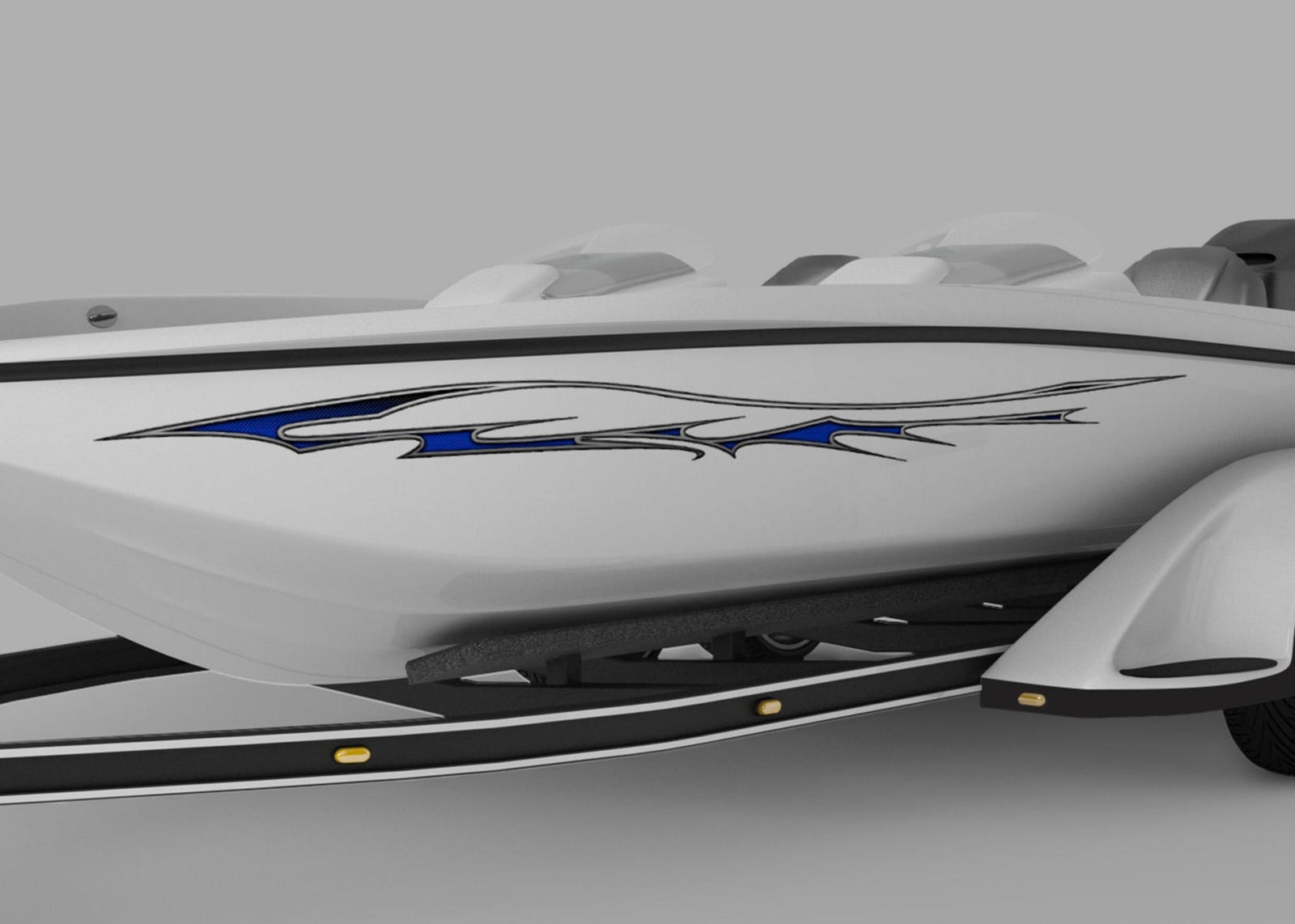 speed boat with blue sike carbon fibre vinyl graphic stripe on it side