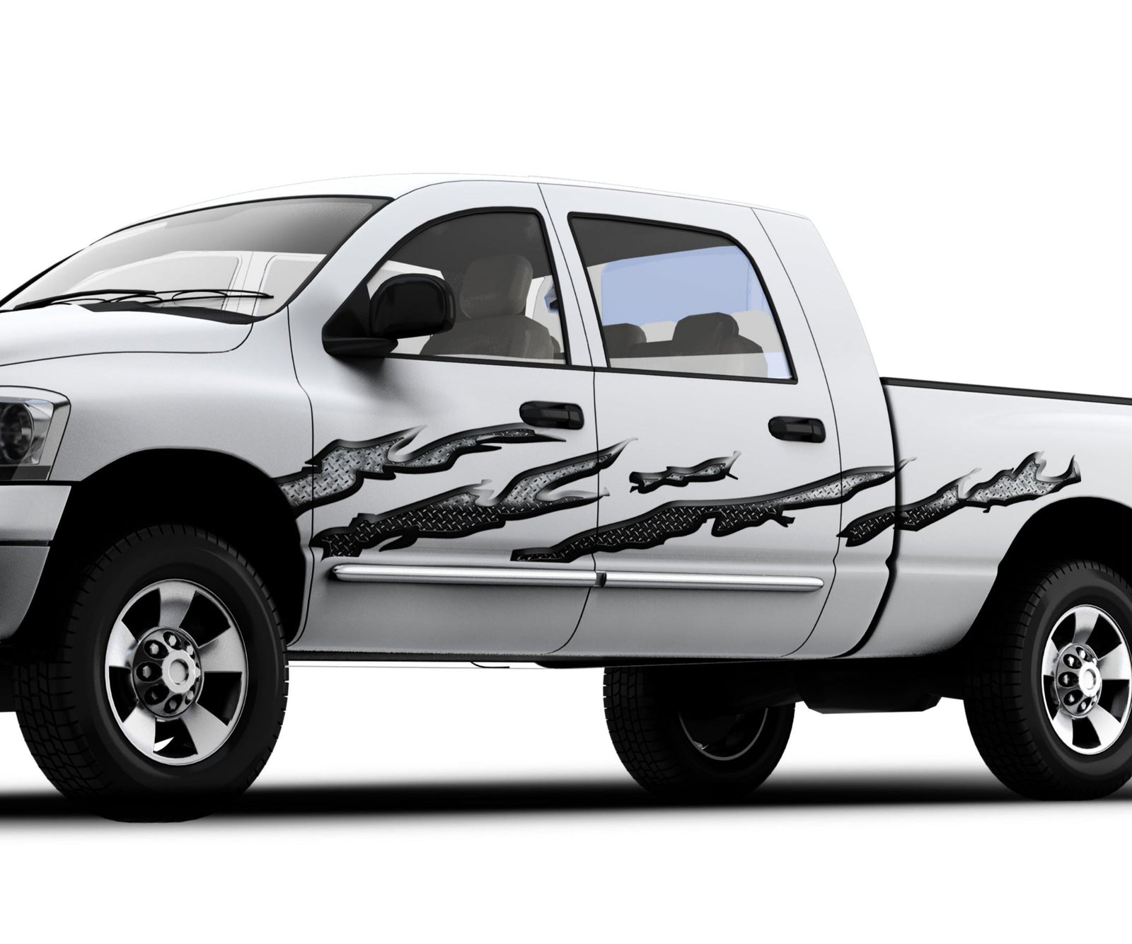 white pickup with splatter diamond plate stripes on driver side