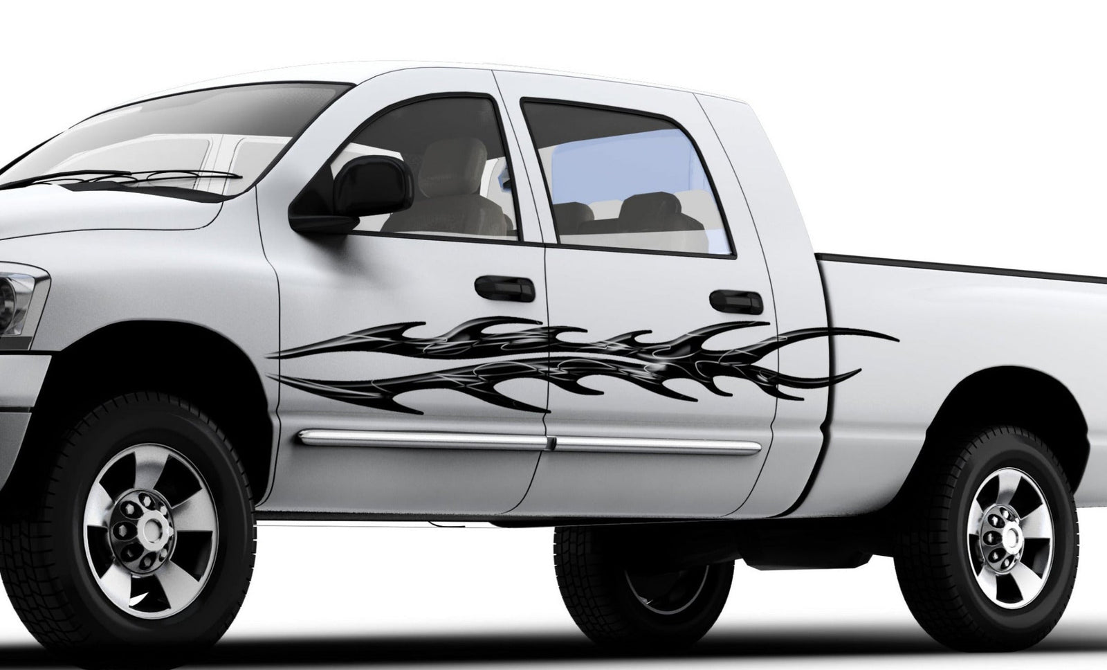 white pickup with black split flames vinyl decals on driver side
