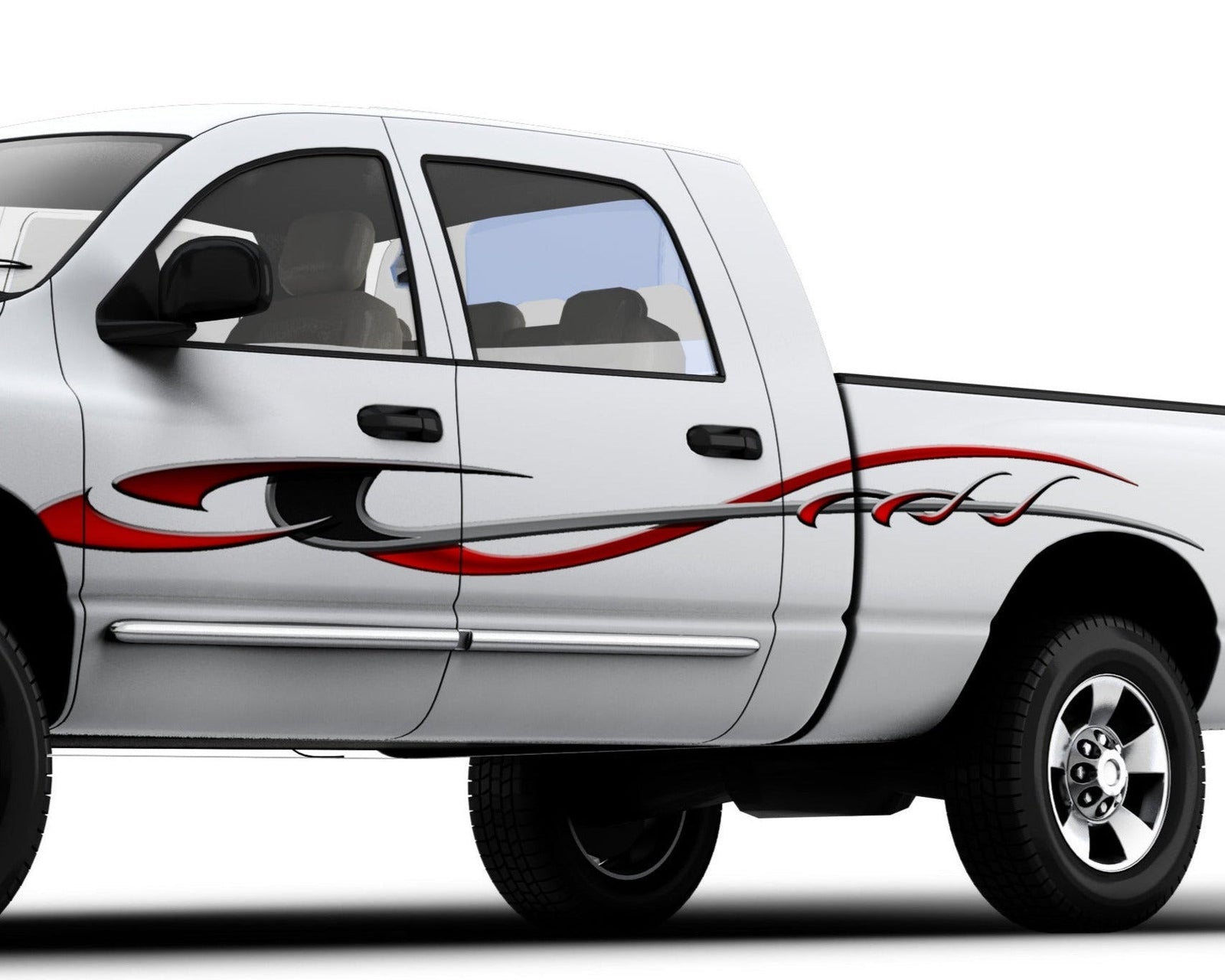 storm vinyl decal stripe on the side of white pickup truck