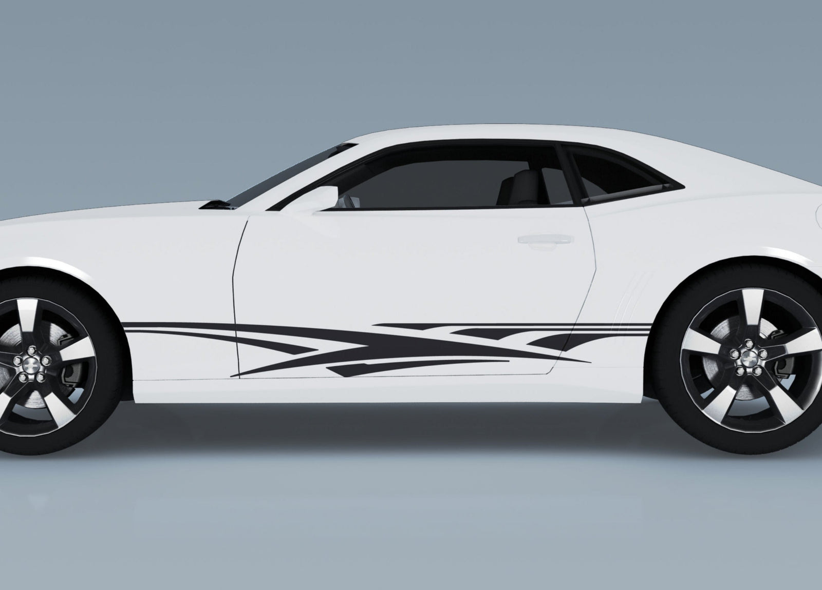 Black Vinyl Decal tribal stripes on the side of white camaro sports car driver side