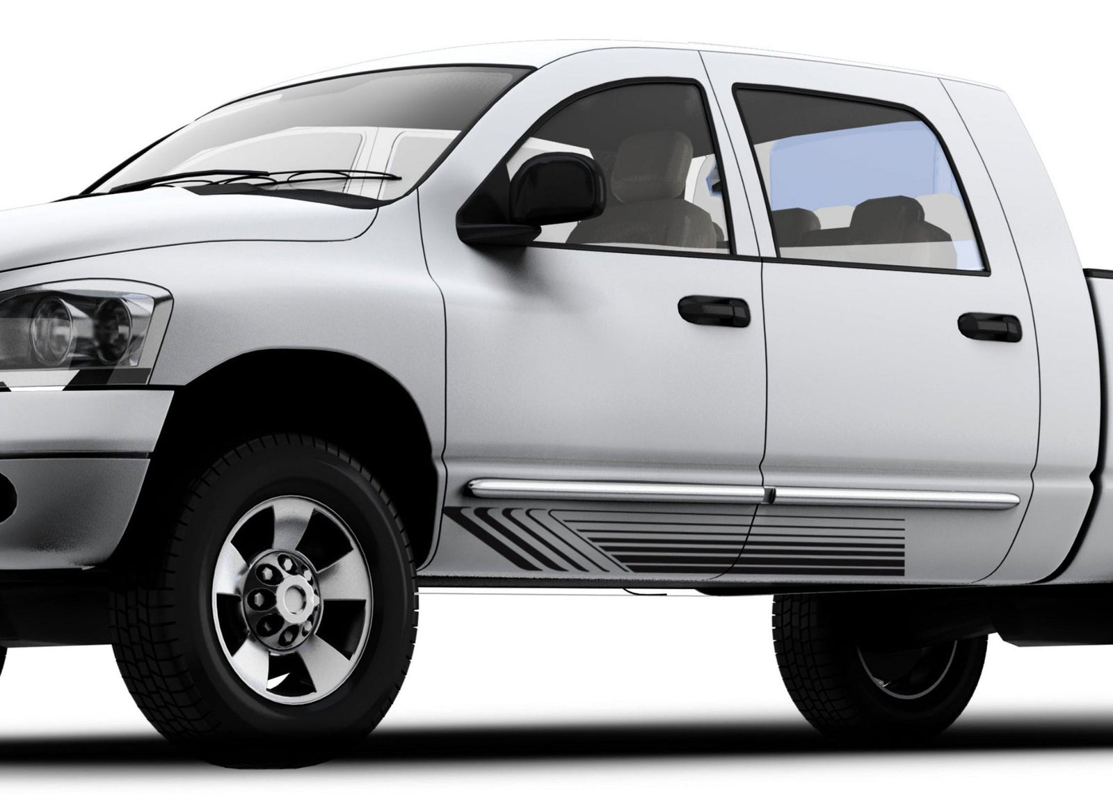 black Rocker sweep stripes on the driver side of white truck rocker panel