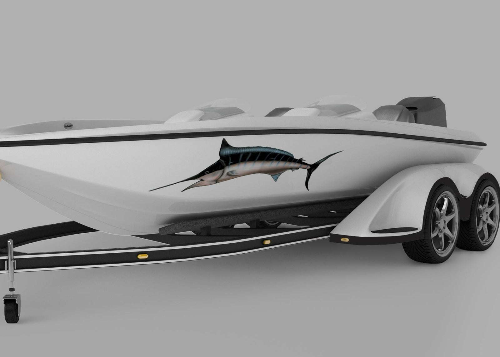 swordfish marlin airbrush style graphic decal on the side of a boat