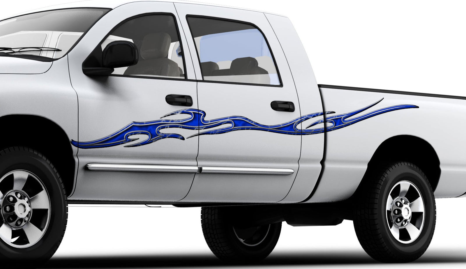 white truck with tempest lightning flame decal on driver side