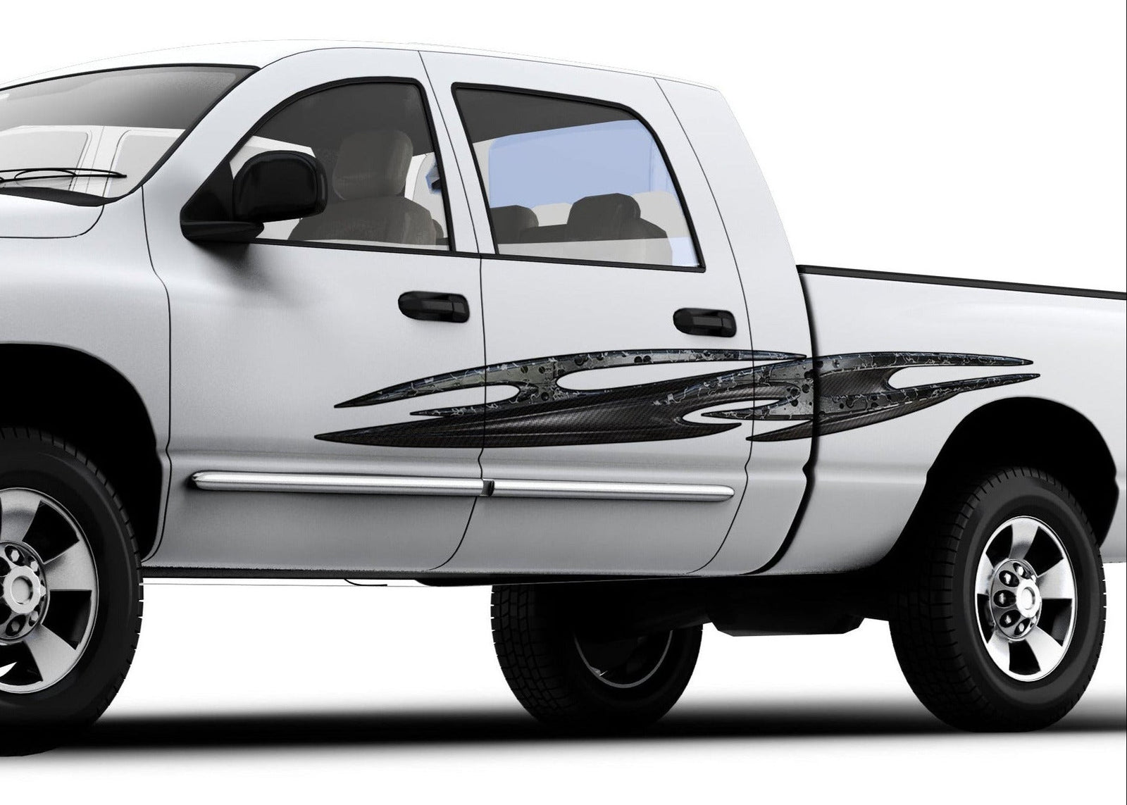 tribal carbon fiber vinyl decal on the side of white truck