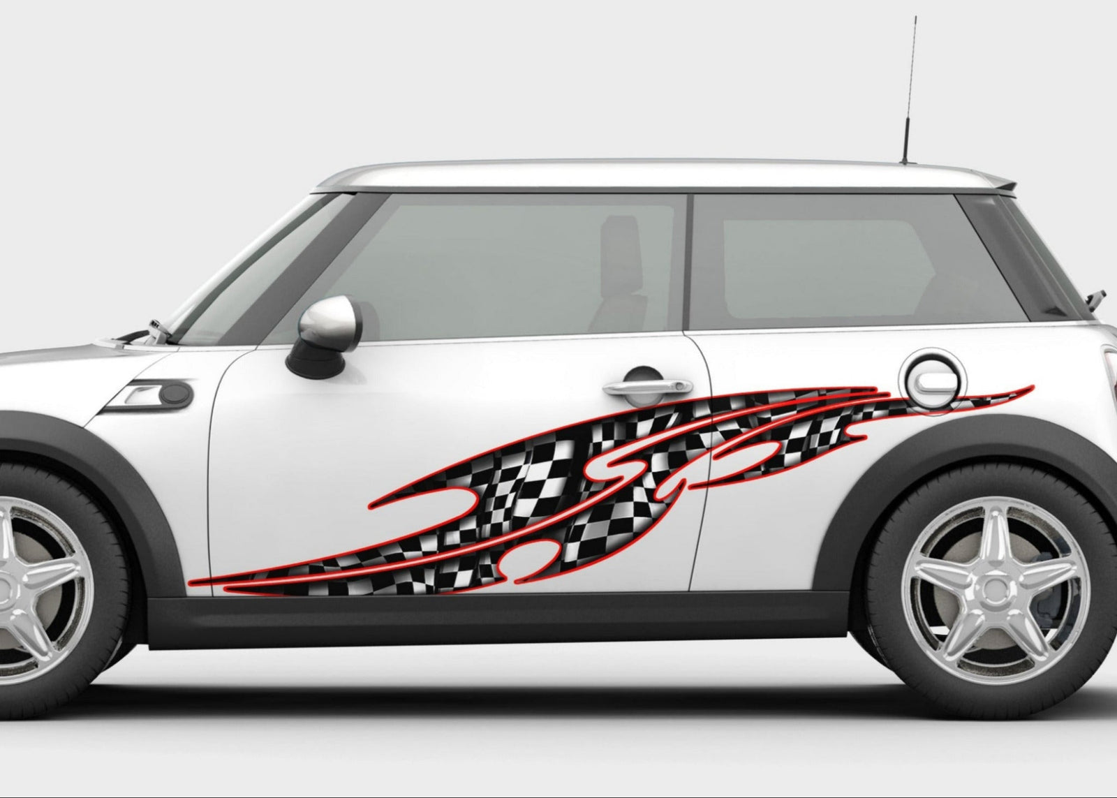 mini cooper with tribal checkered flag vinyl graphics on driver side