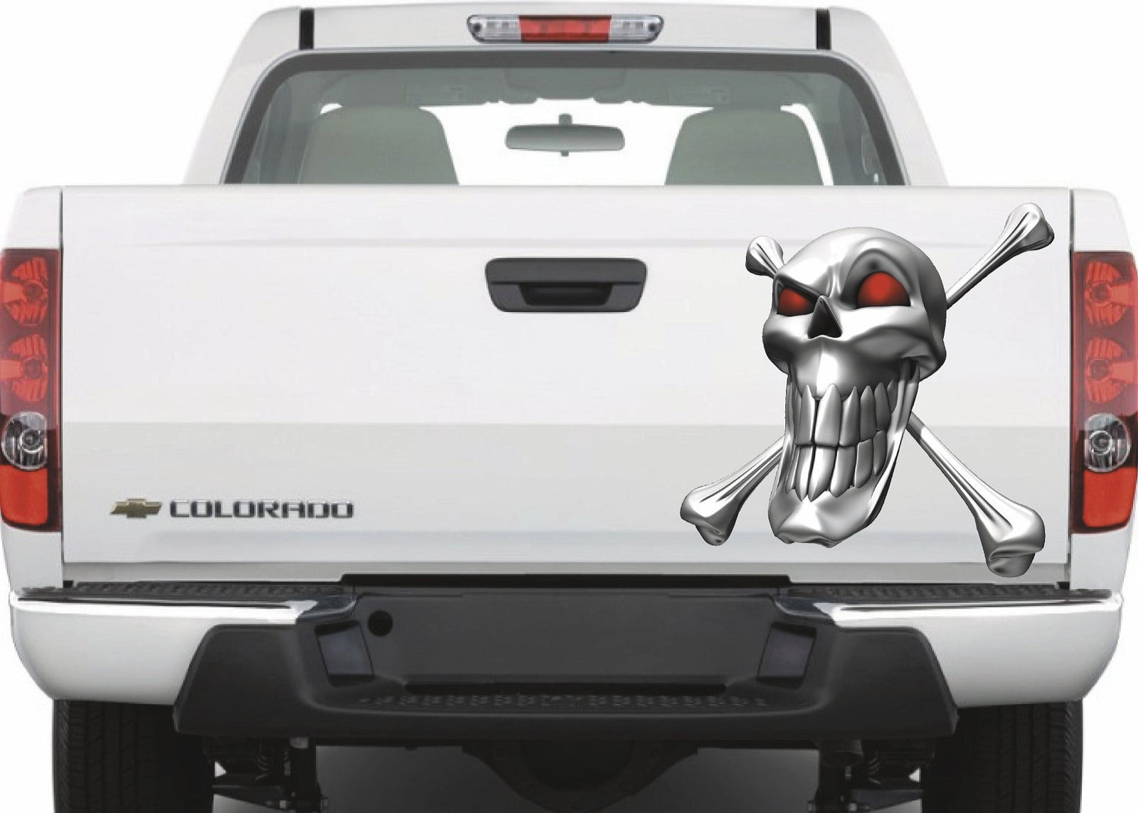 Chrome skull & bones decal on Tailgate of chevy colorado truck