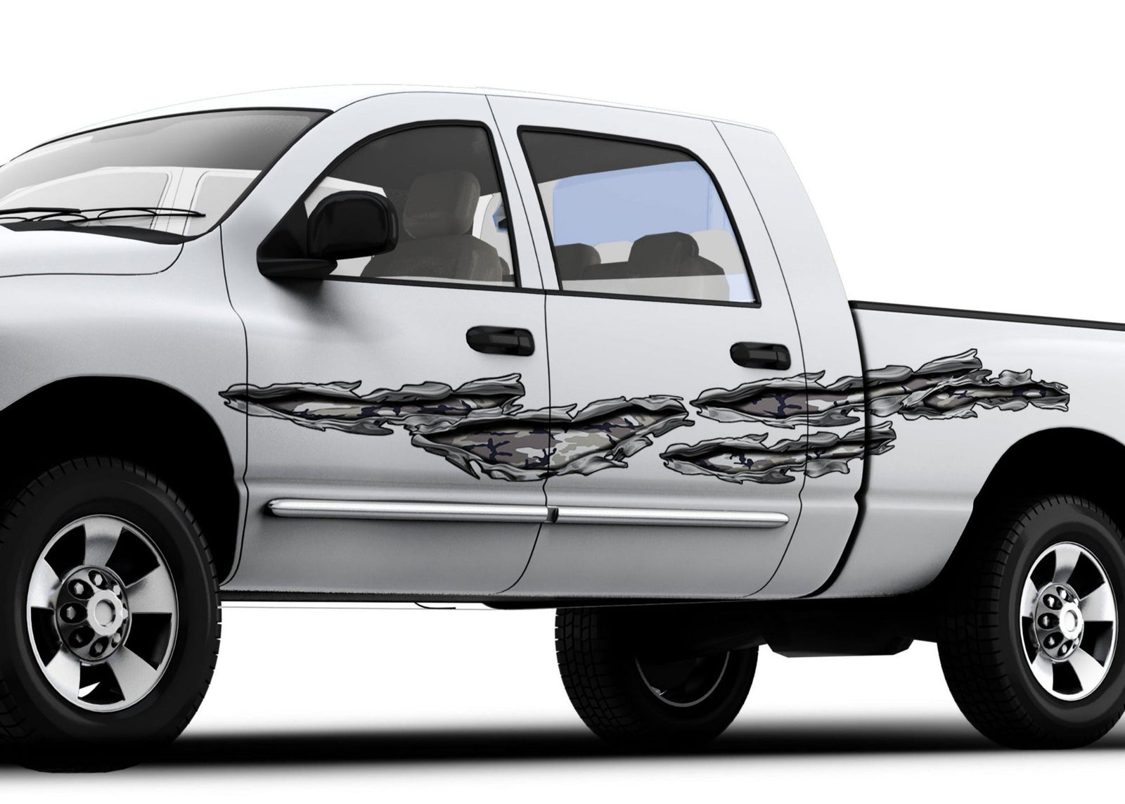 white Truck with camo tears decal on driver side