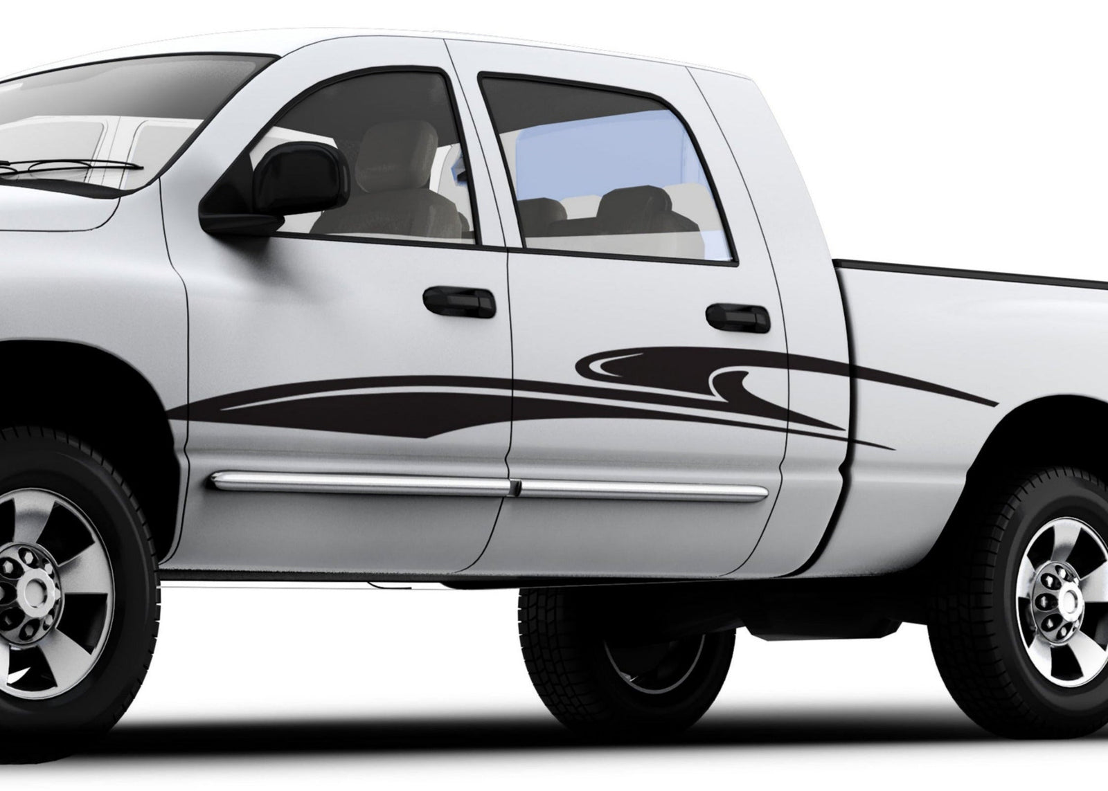 white pickup truck with black stripes on the side of it