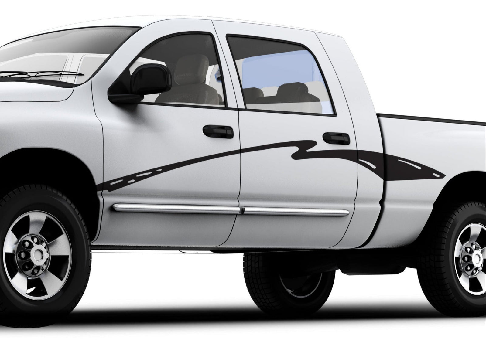 white truck with paint streak vinyl graphics stripe on driver side