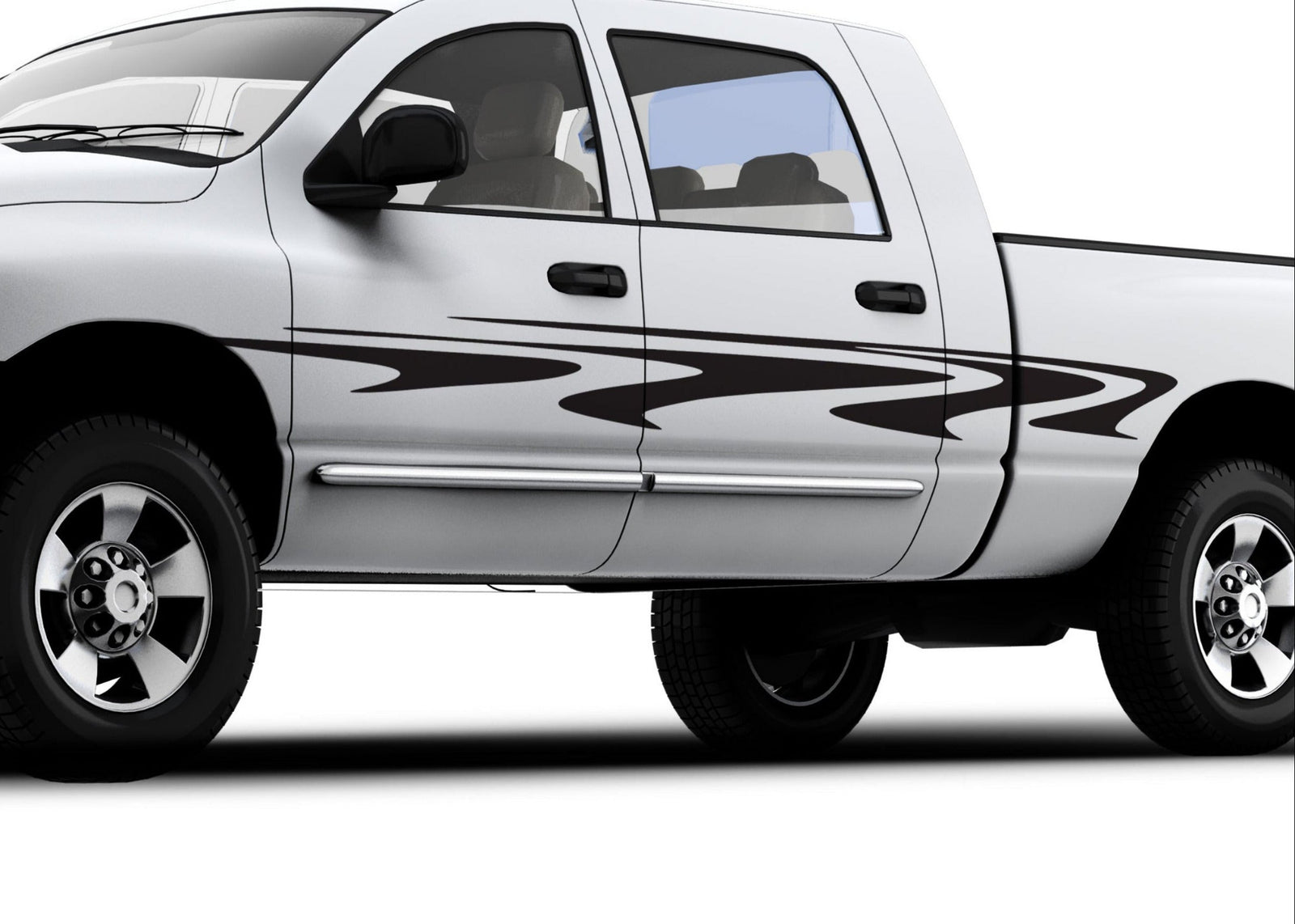 vinyl black Riptide decal stripes on the side of white truck
