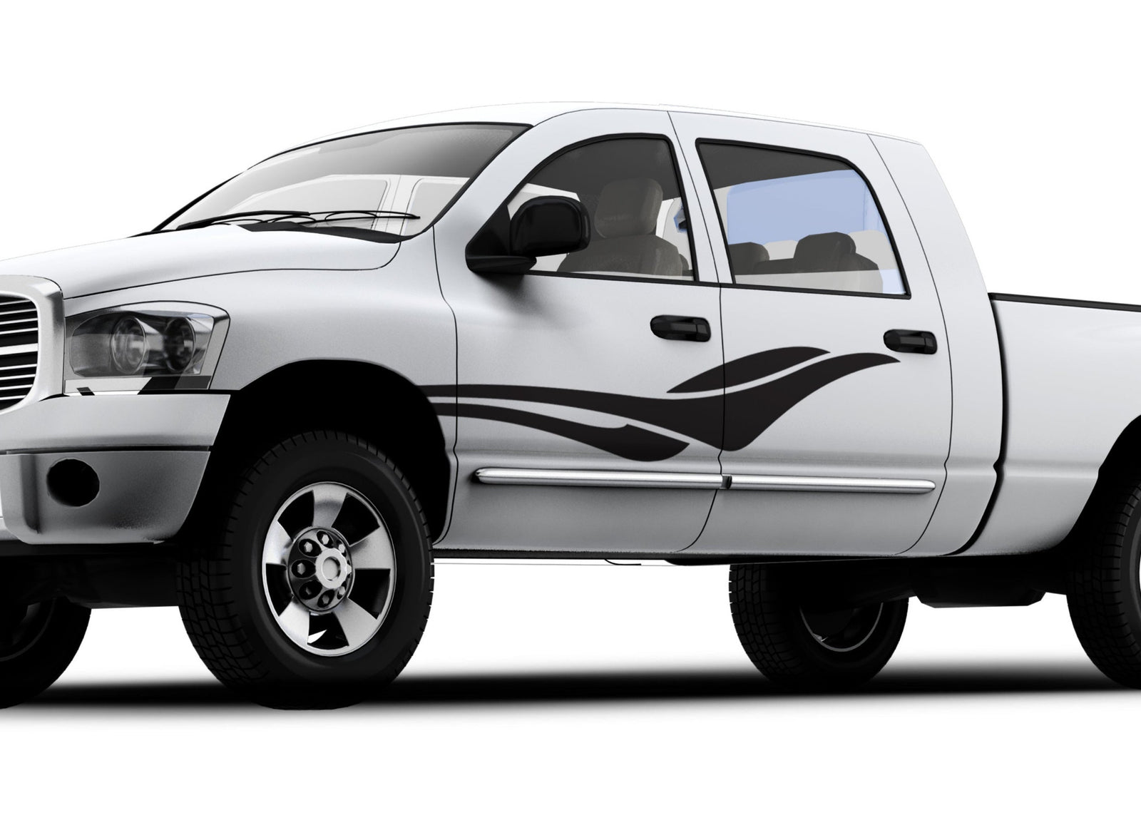 Black Vinyl rogue wave decal stripe on the side of white truck
