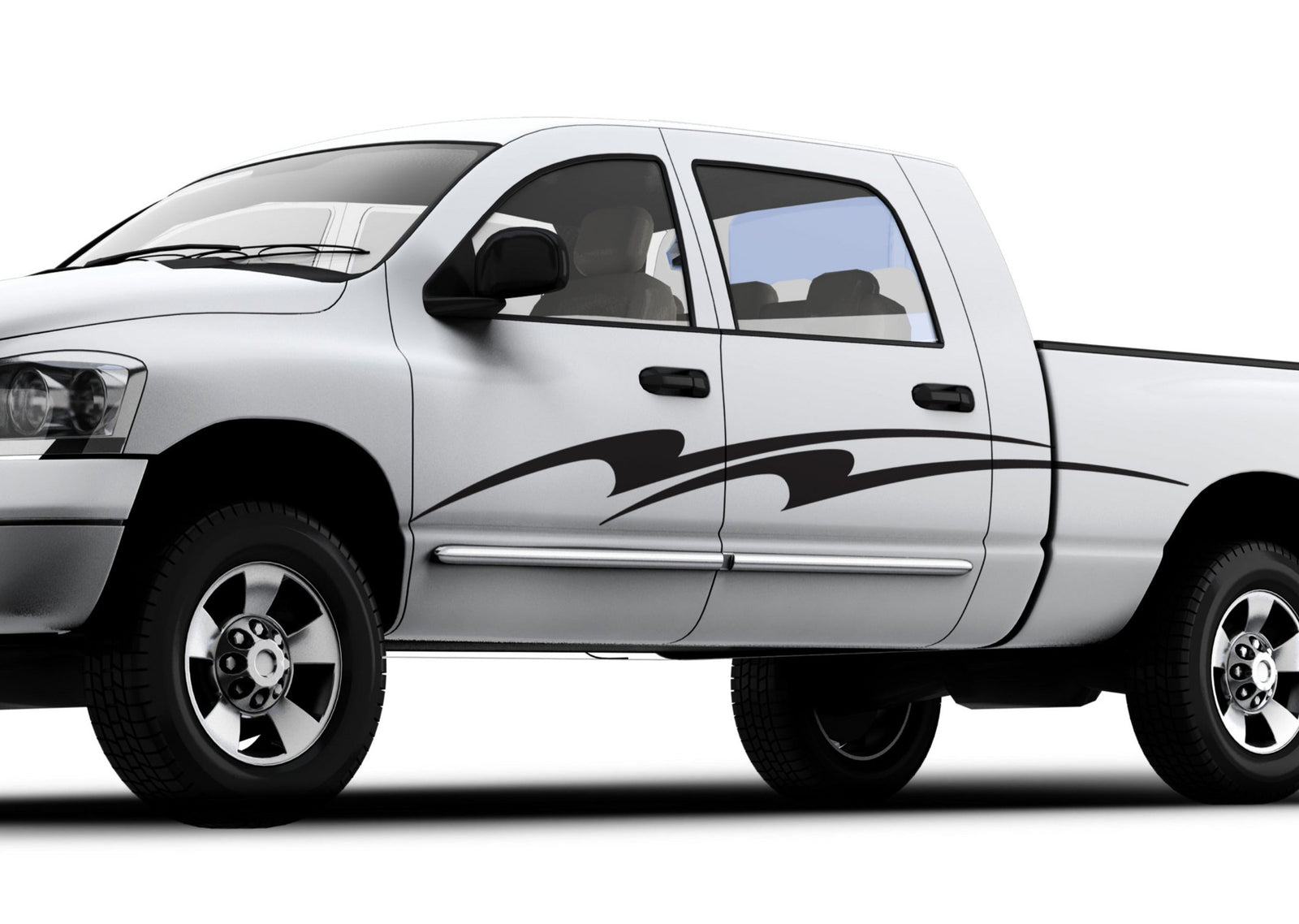 A white pickup with a black talon sweep vinyl decal stripe on the driver side.