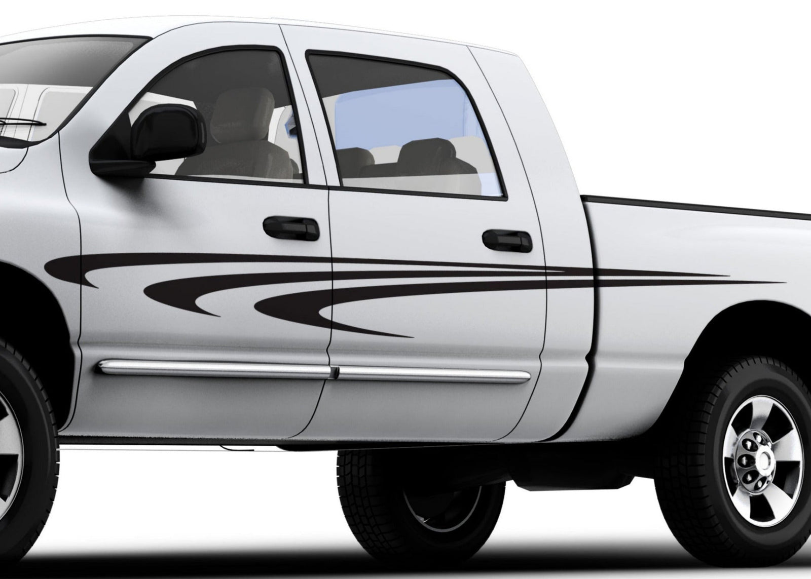 A truck with black vinyl decal stripes on its side.