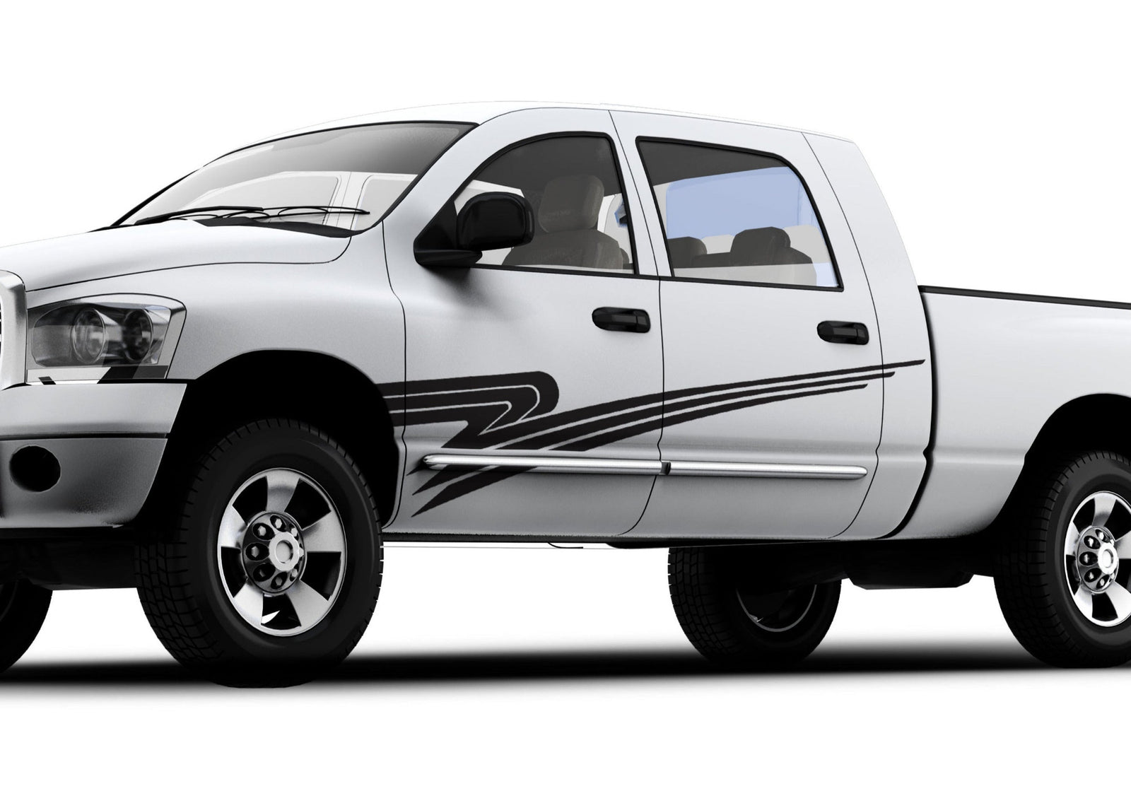white truck with black Vector sweep vinyl decal stripes on driver side
