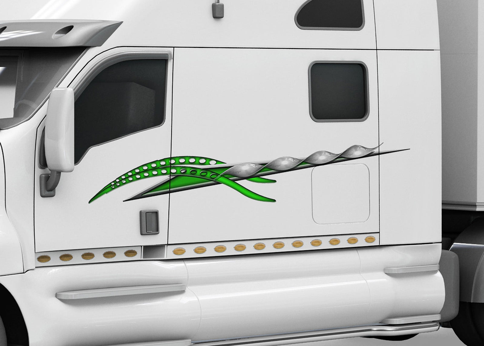 white 18 wheeler rig with silver green twister decal on the cab driver side