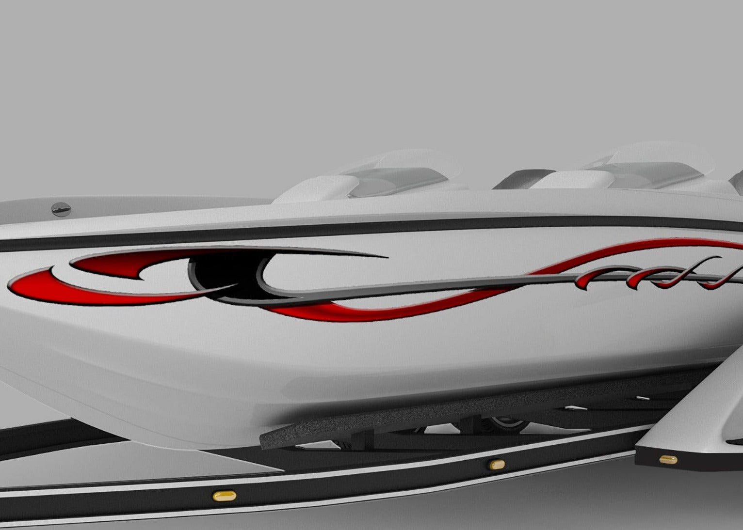 white bass boat with storm red black decal on port side