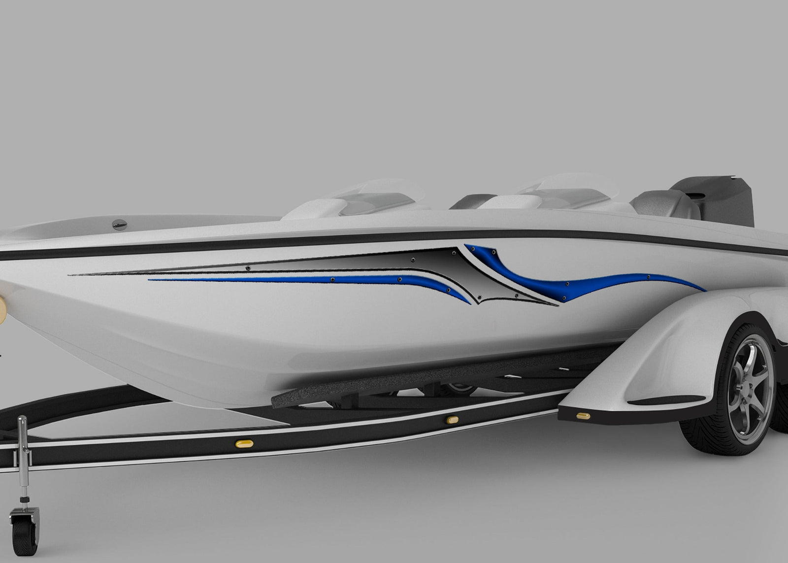 white boat with blade sword vinyl graphics on port side