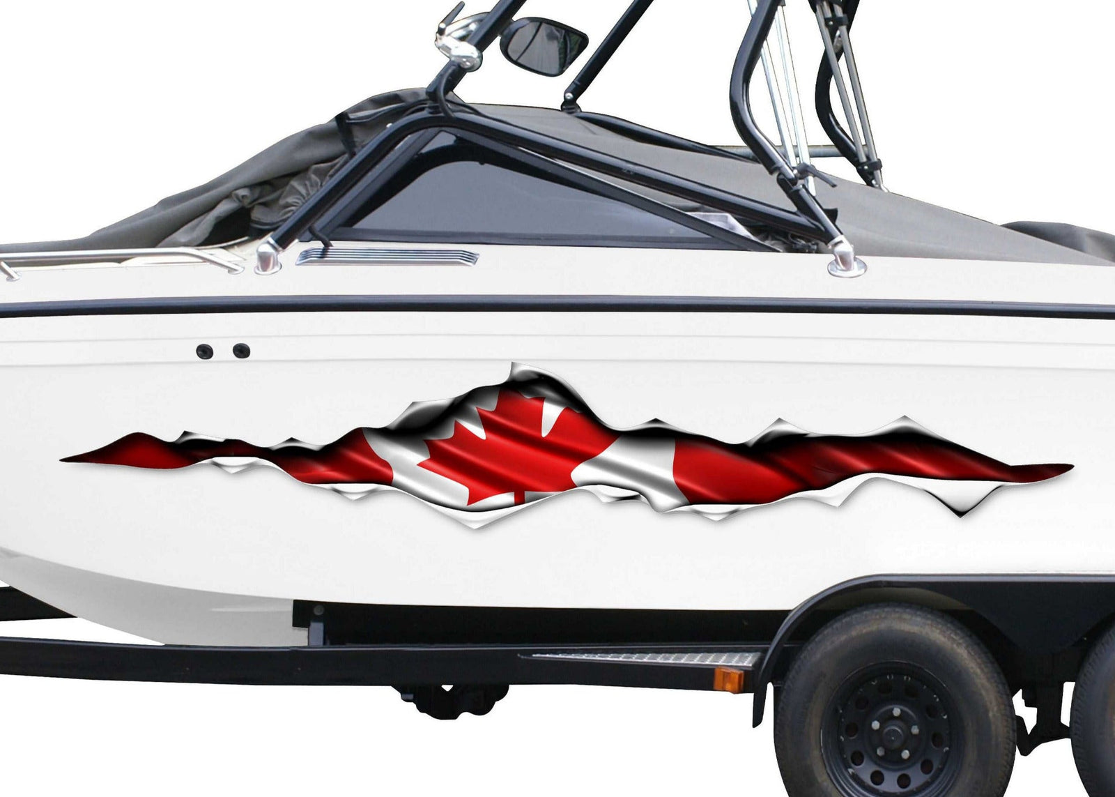 white boat with canada flag rip on its side