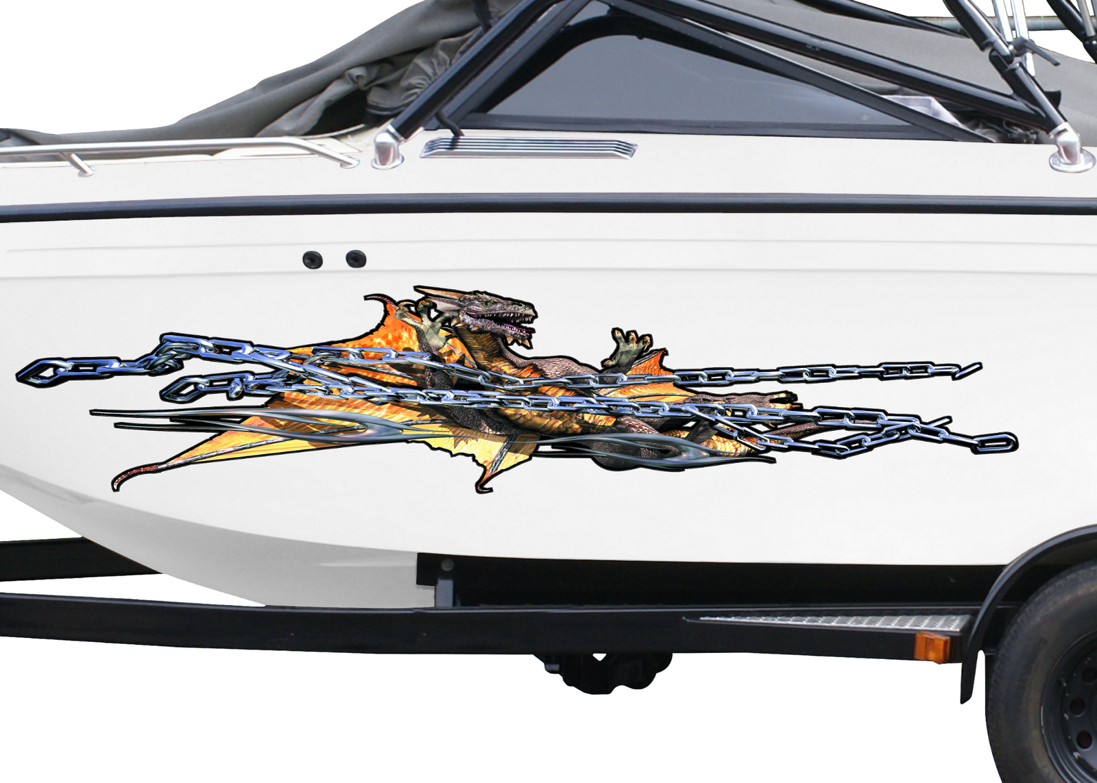 white boat with chained dragon vinyl graphics on its side