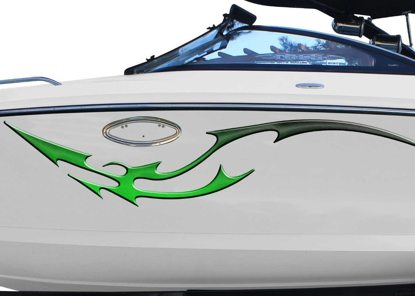 white boat with green dragon tail vinyl graphics on hull port side