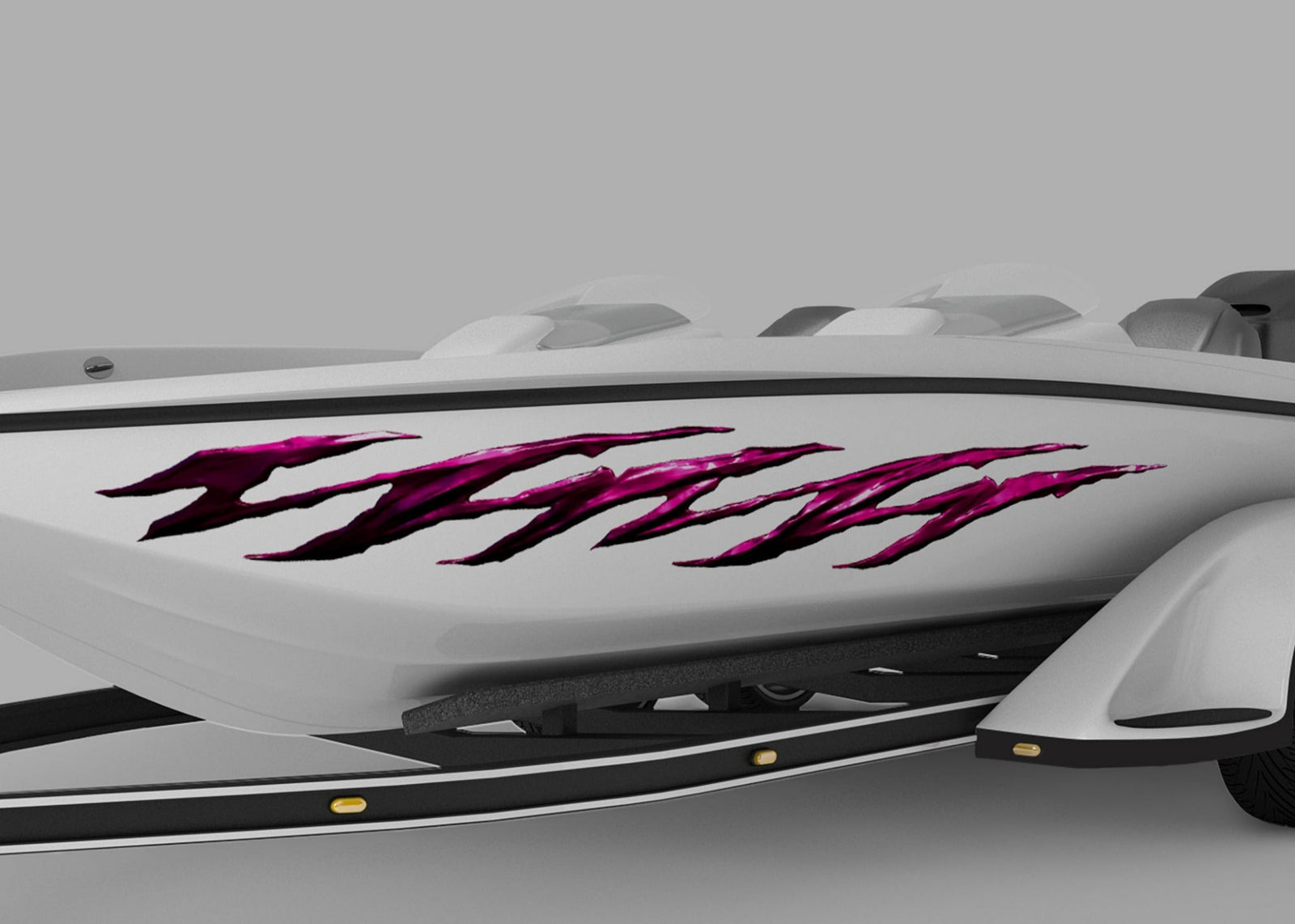 White speedboat with magenta jagged vinyl decals on its side