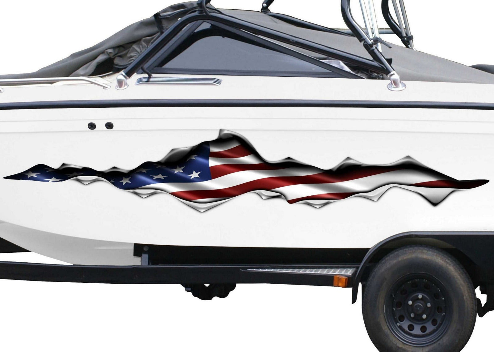 white boat with large American flag decal on it side