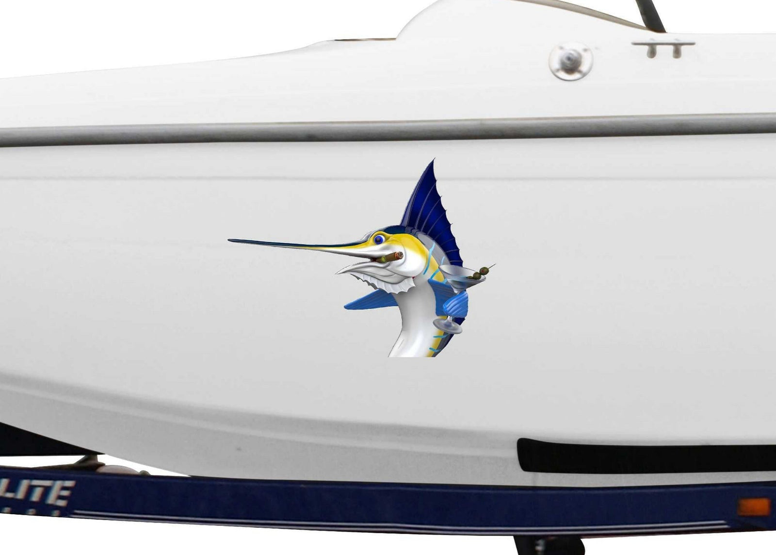 white boat with marlin Martini fish decal on its side