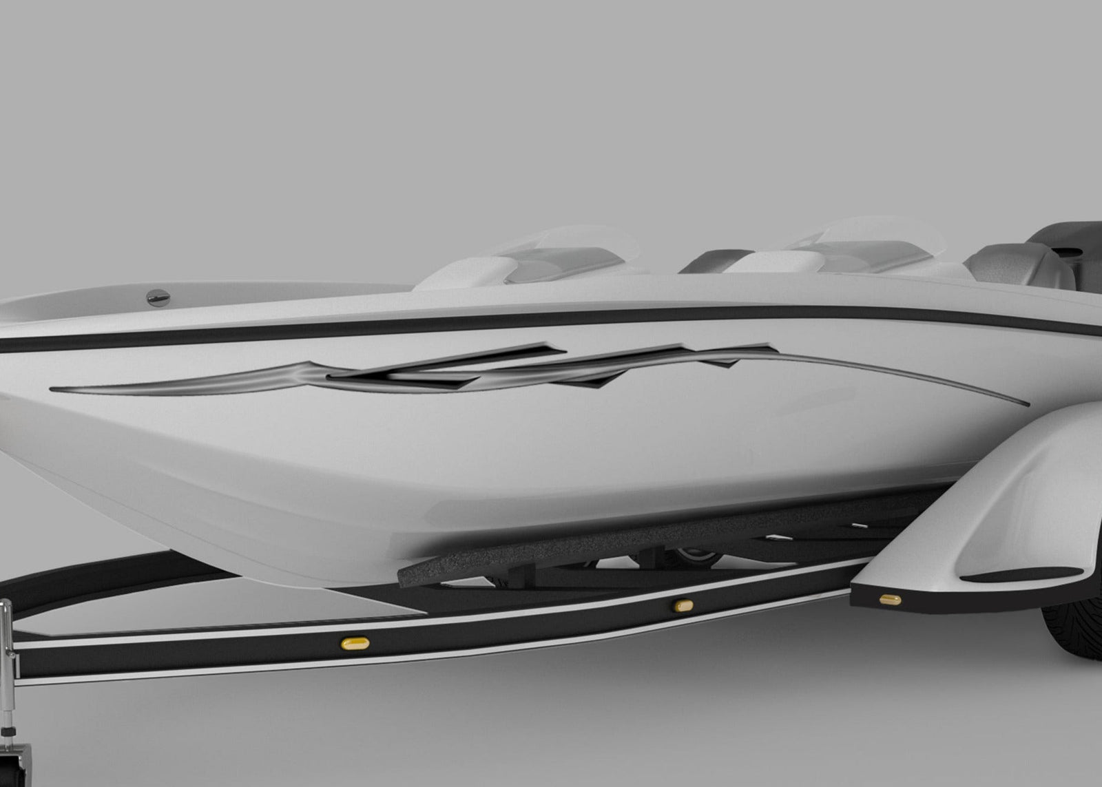 white boat with silver flying stripe vinyl graphics on its front side