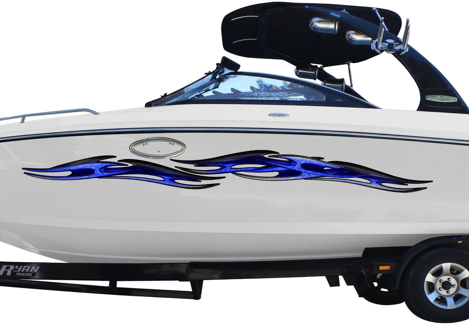 white boat with blue tribal chains vinyl stripe graphics on port side