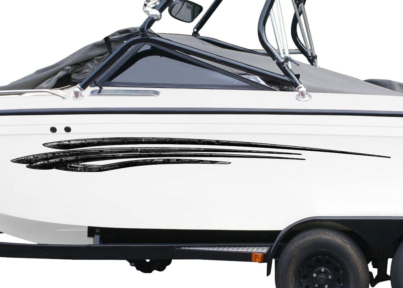white boat with tribal stripes vinyl decals on port side