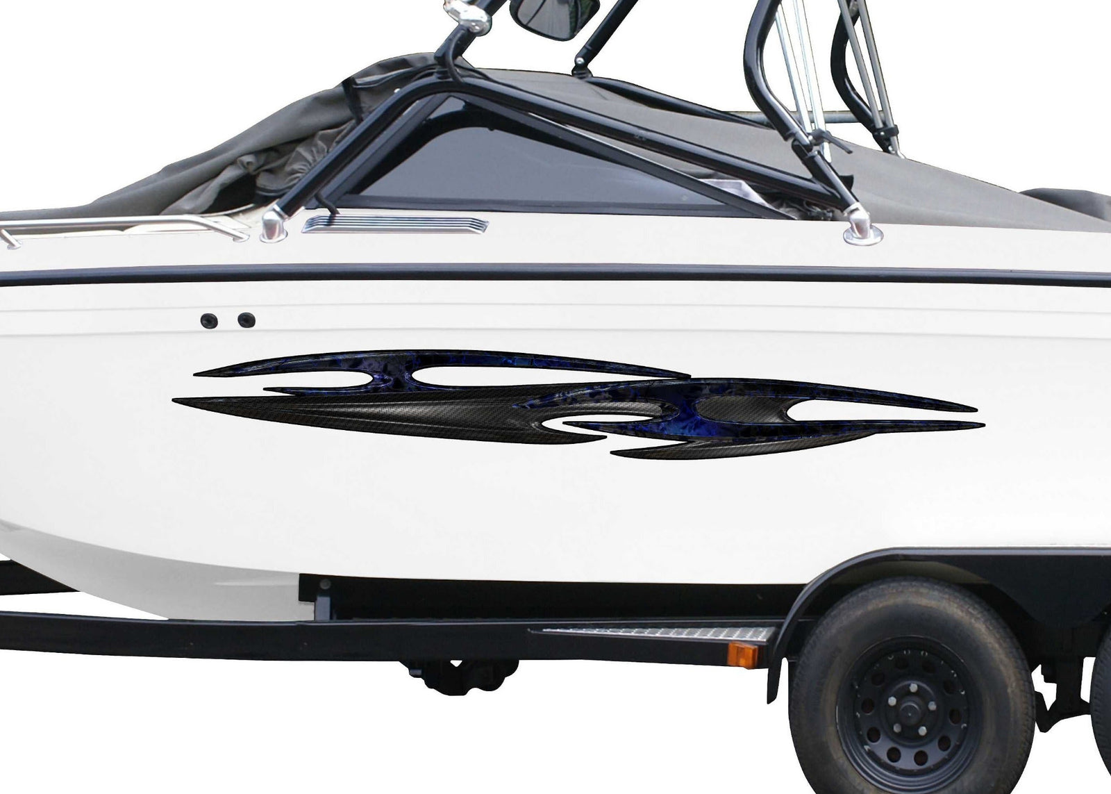 white boat with tribal talon carbon fiber vinyl graphics on port side