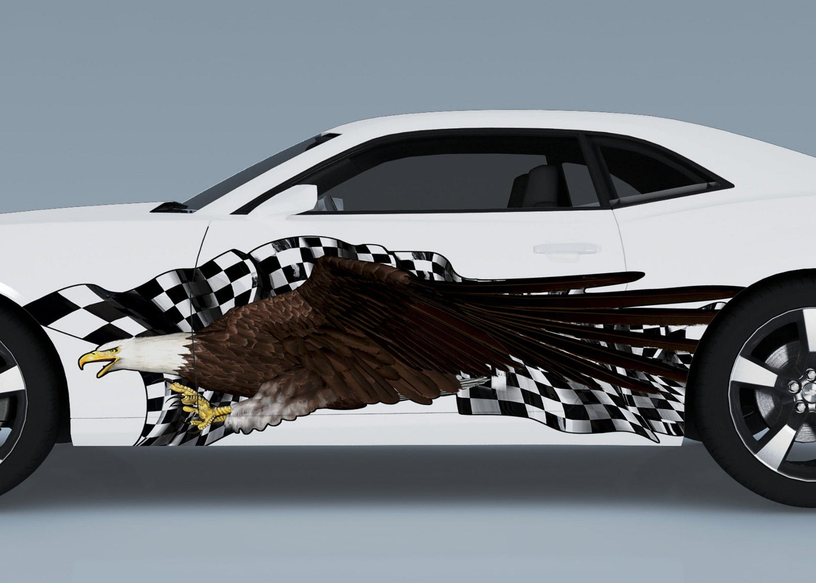 White car with an eagle and checkered pattern decal on driver side