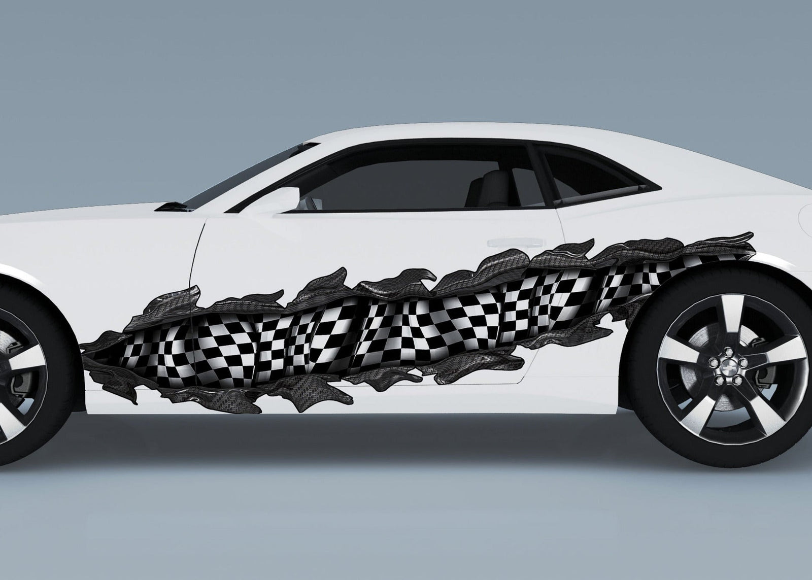 white camaro sports car with checkered flag carbon fiber tear across the driver side
