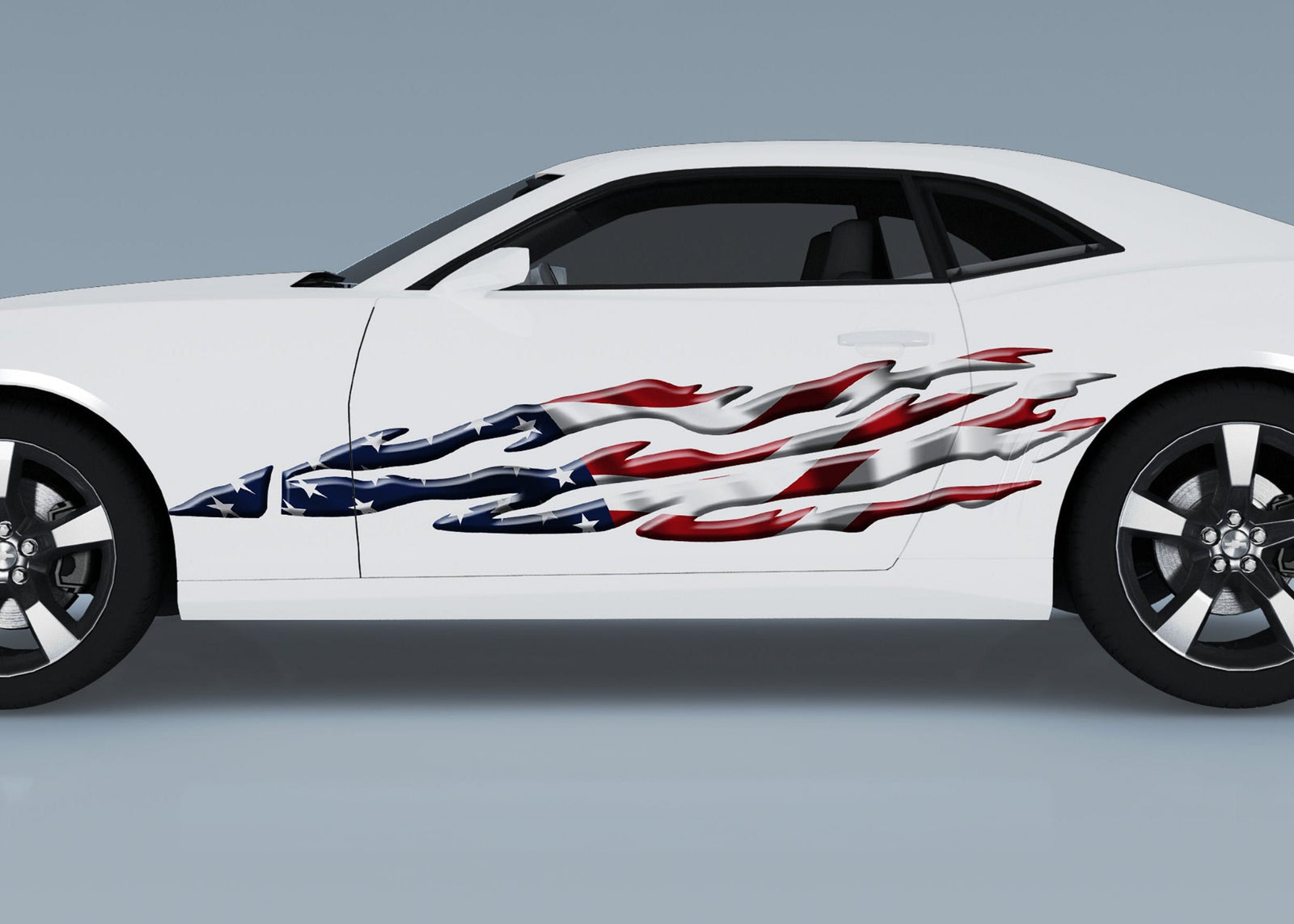 white camaro with american flag razor flames vinyl decal on driver side