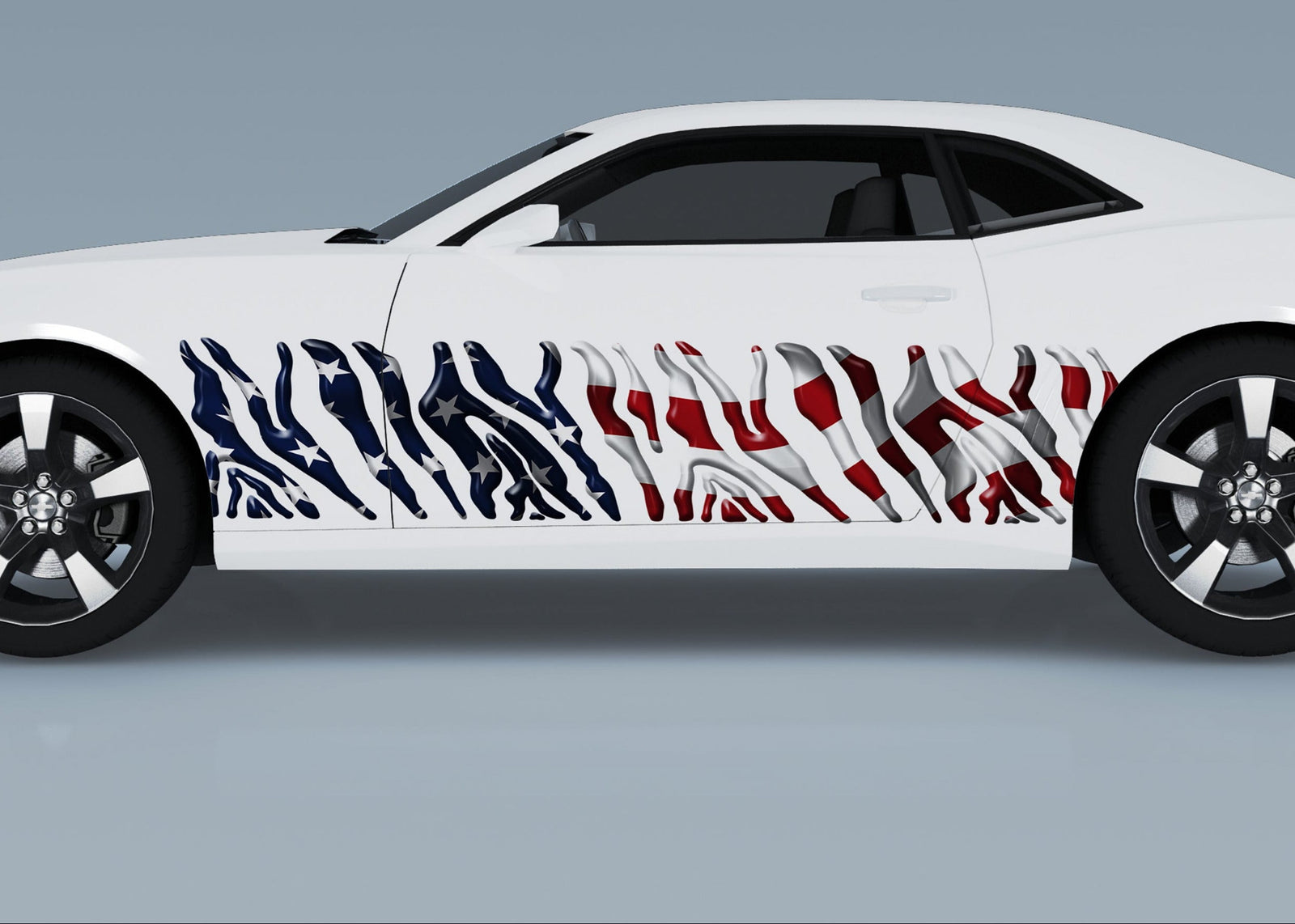 white camaro with american flag zebra style decal stripes on driver side