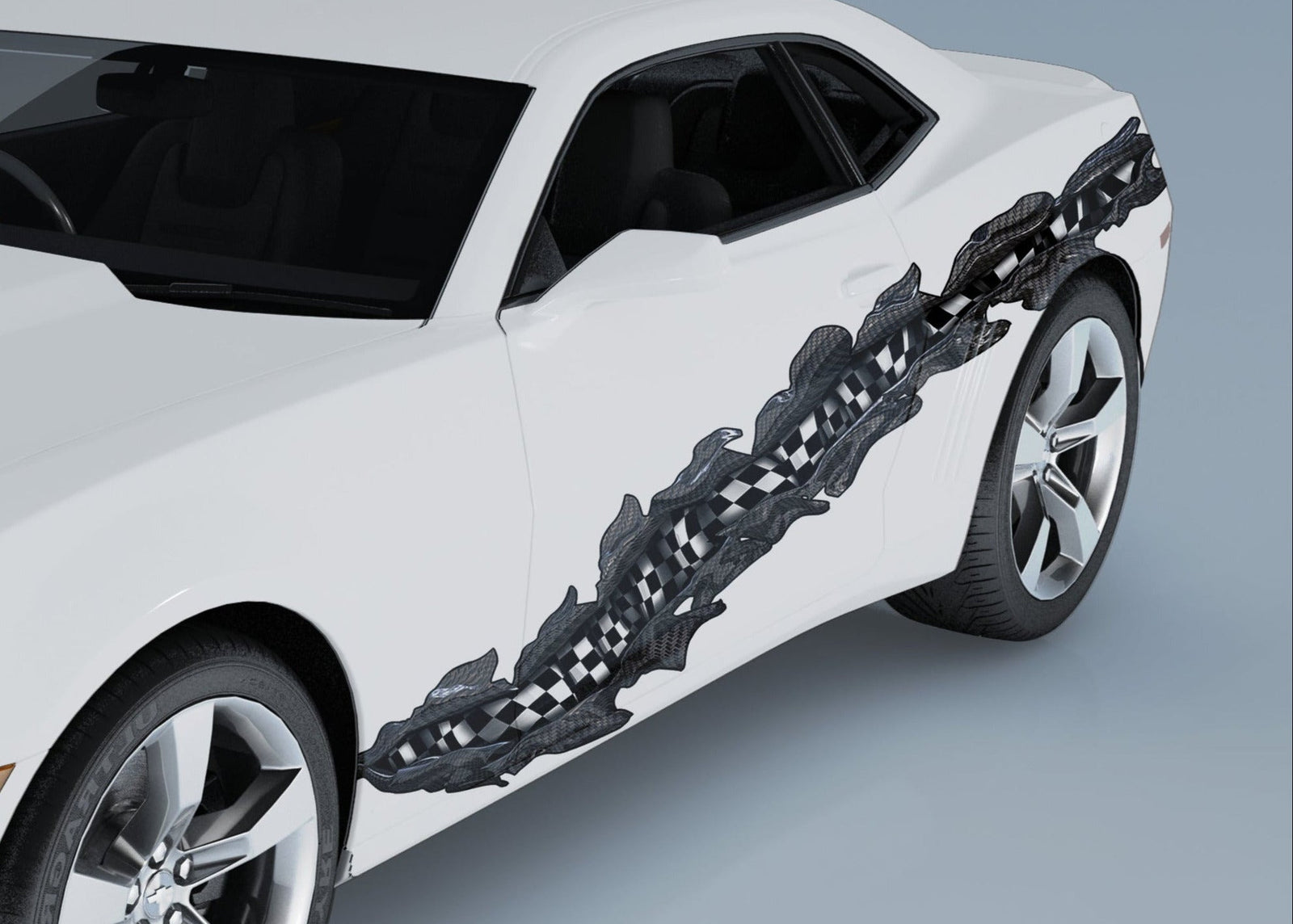 white camaro with carbon fiber checkers tear decal on driver side